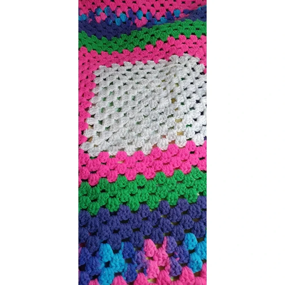 Crochet  granny square afghan blanket sofa throw 44 X 44 Neon Rainbow
